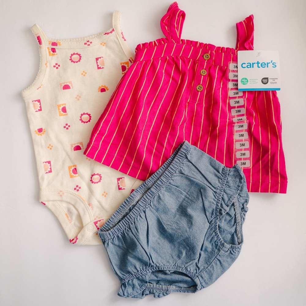 Carter’s Baby Girl Summer 3 Piece Outfit 3M Top Onesie Bloomers NWT